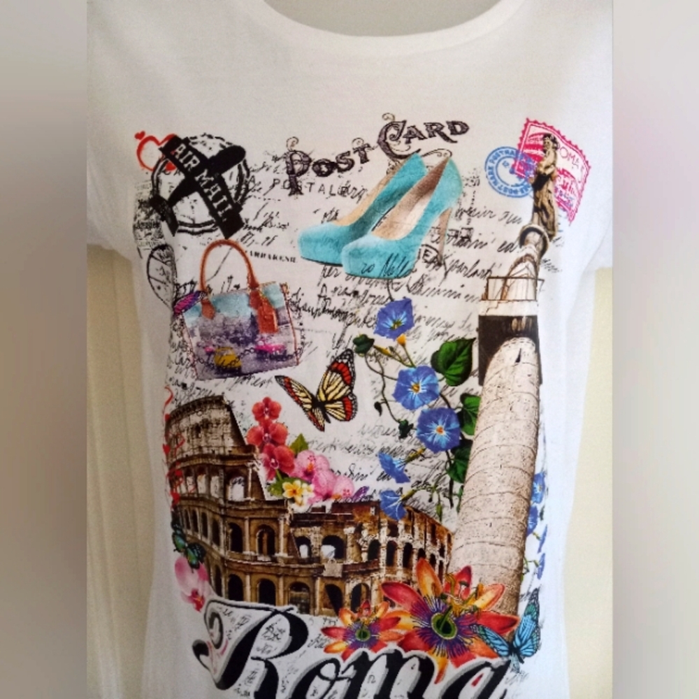 B&C COLLECTION Tee White Rome Italia Italy Graphic Short Sleeve Size Medium - Picture 4 of 14